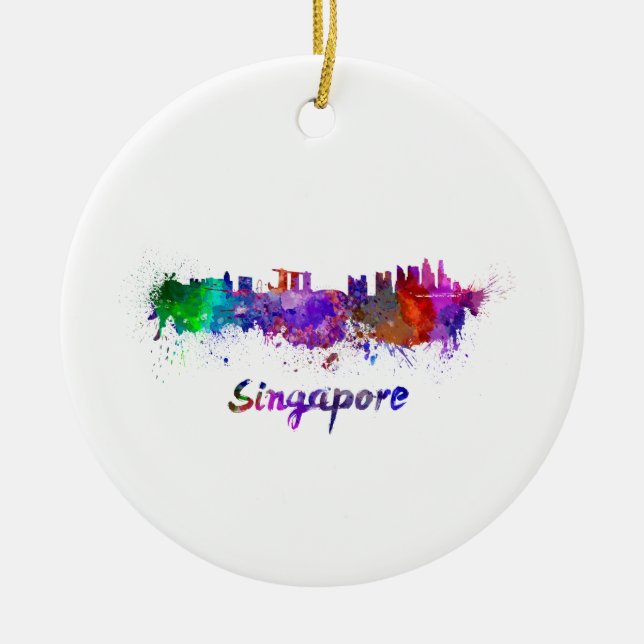 Singapore skyline in watercolor ceramic ornament (Front)