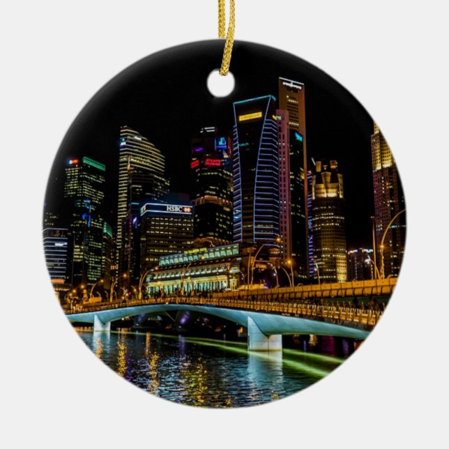 Singapore Skyline, Night Lights Ceramic Ornament (Front)