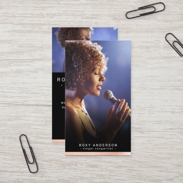 Singer Musician Modern Black Rose Gold Foil Business Card (Front/Back In Situ)
