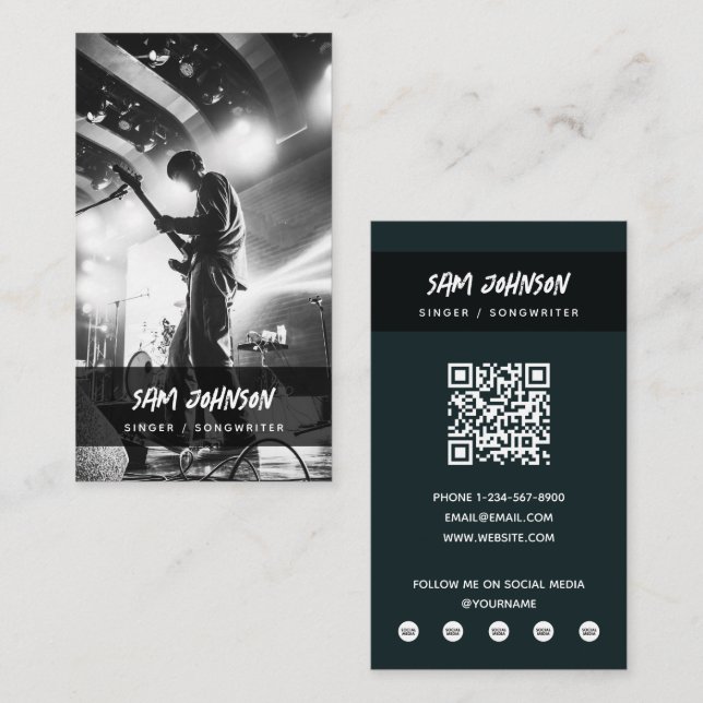 Singer Musician Photo Black & White Grunge Music Business Card (Front/Back)