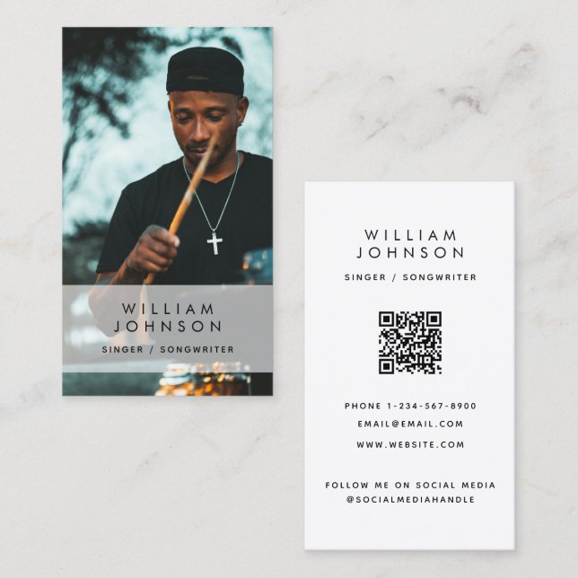 Singer Musician Photo Drummer Social Media QR Code Business Card (Front/Back)