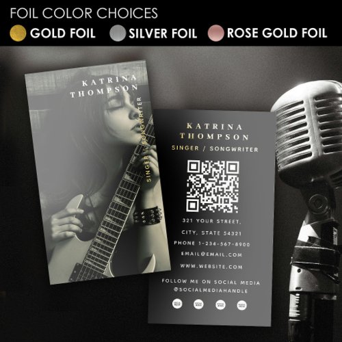 Singer Musician Photo Guitarist QR Code Gold Foil Business Cards