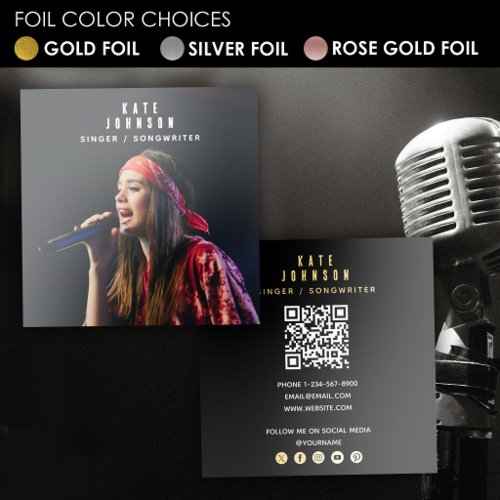 Singer Musician Photo Social Media QR Code Gold Foil Business Cards