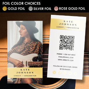Singer Musician Photo Social Media QR Code Gold Foil Business Cards