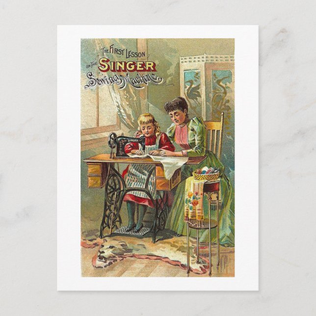 Singer Sewing Machine Ad "The First Lesson" Retro Postcard (Front)