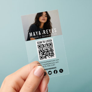 Singer Songwriter Musician Photo QR Code Branding Clear Business Cards