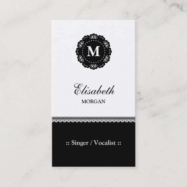 Singer / Vocalist - Elegant Black Lace Monogram Business Card (Front)