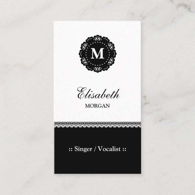 Singer / Vocalist - Elegant Black Lace Monogram Business Card (Front)