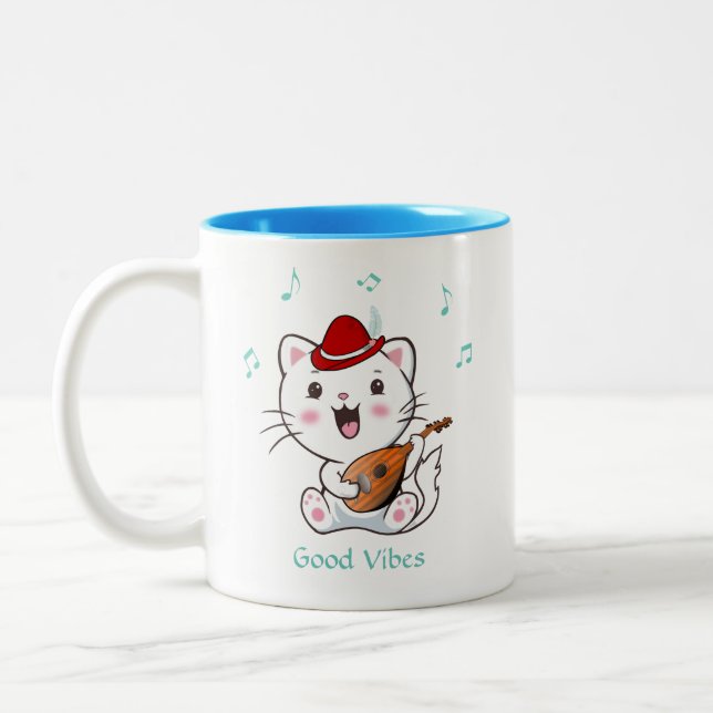 Singing Bard Kitty Cat with Mandolin Two-Tone Coffee Mug (Left)