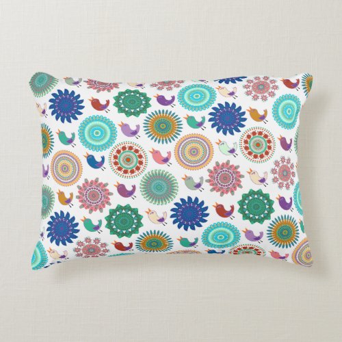 Singing Bird and Mandala Cute Folk Art Pattern Accent Pillow