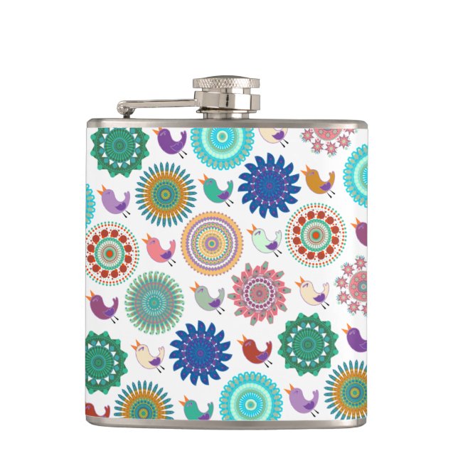 Singing Bird and Mandala Cute Folk Art Pattern Flask (Front)