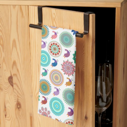 Singing Bird and Mandala Cute Folk Art Pattern Kitchen Towel