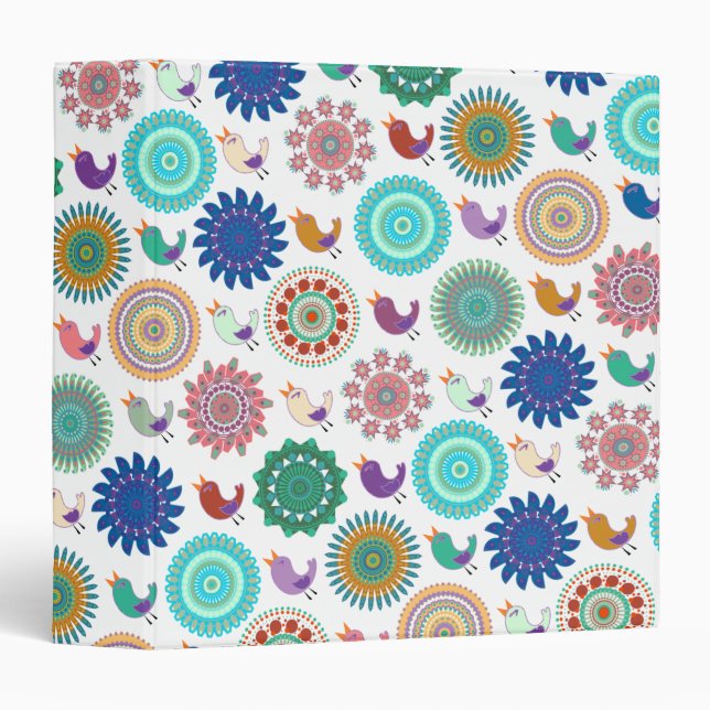 Singing Bird and Mandala Folk Art Pattern 3 Ring Binder (Front/Spine)