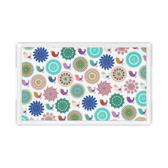 Singing Bird and Mandala Folk Art Pattern Acrylic Tray (Front)
