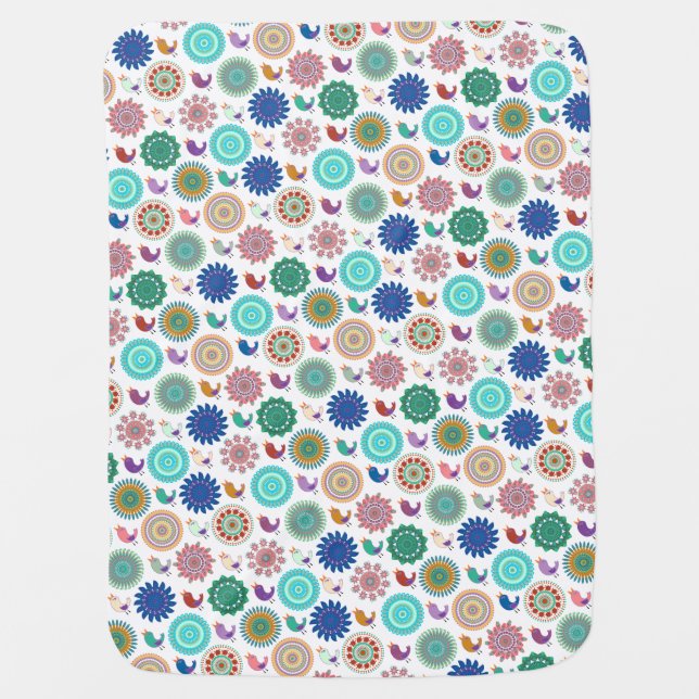 Singing Bird and Mandala Folk Art Pattern Baby Blanket (Front)