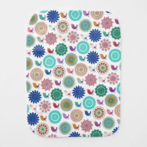 Singing Bird and Mandala Folk Art Pattern Baby Burp Cloth