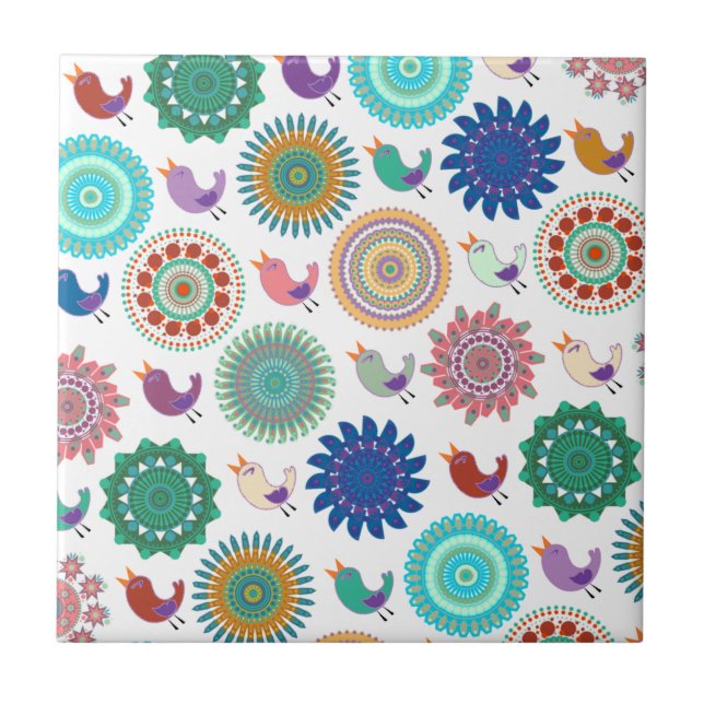 Singing Bird and Mandala Folk Art Pattern Ceramic Tile (Front)