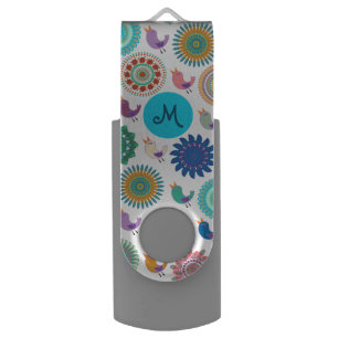 Singing Bird and Mandala Folk Art Pattern Monogram Flash Drive