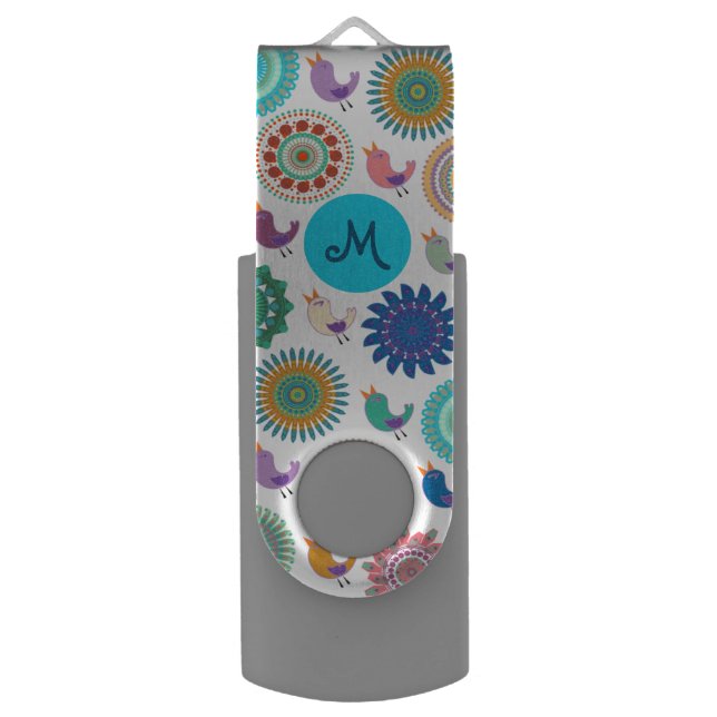 Singing Bird and Mandala Folk Art Pattern Monogram Flash Drive (Front Vertical)