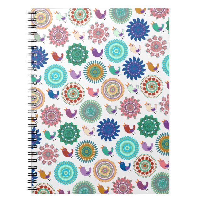 Singing Bird and Mandala Folk Art Pattern Notebook (Front)