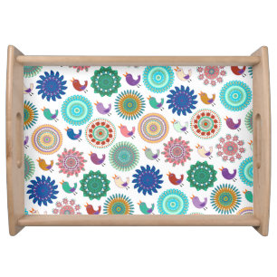 Singing Bird and Mandala Folk Art Pattern Serving Tray