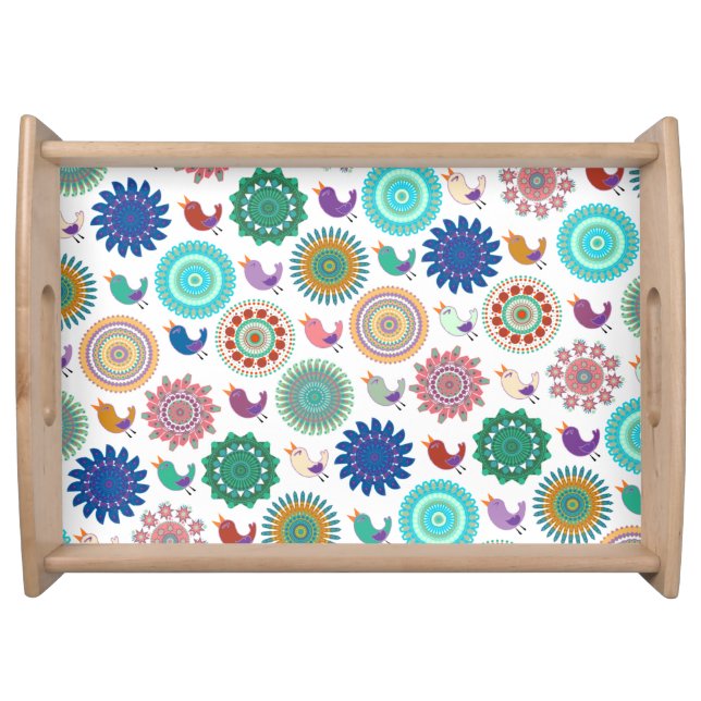 Singing Bird and Mandala Folk Art Pattern Serving Tray (Front)