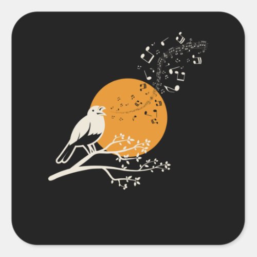 Singing Bird Musical Notes Moon Square Sticker