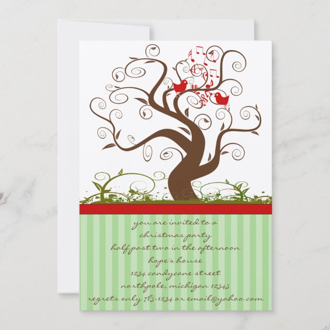 Singing Bird Tree Swirl Christmas Party Invitation (Front)