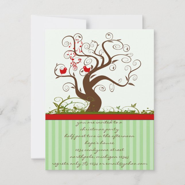 Singing Bird Tree Swirl Christmas Party Invitation (Front)