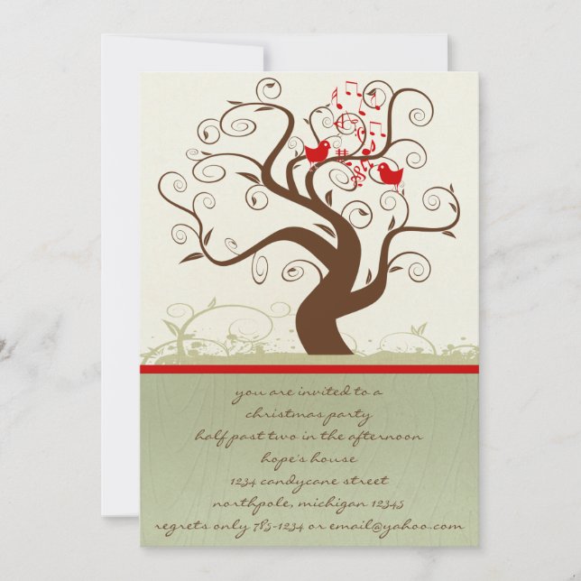 Singing Bird Wood Grain Tree Christmas Dinner Invitation (Front)