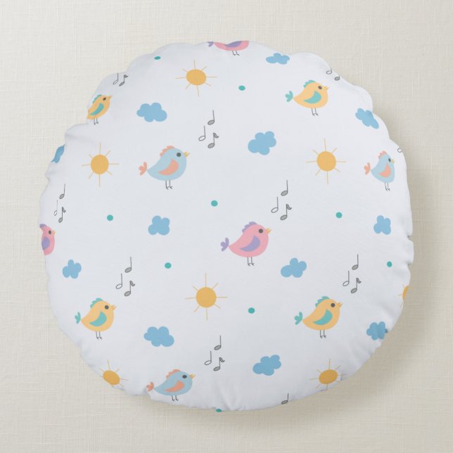 Singing Birds & Musical Notes Pattern Round Pillow (Front)