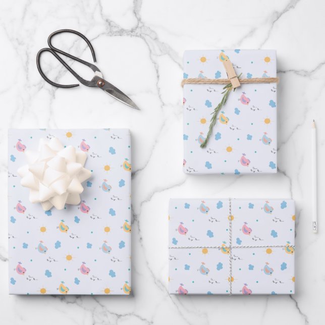 Singing Birds & Musical Notes Pattern Wrapping Paper Sheets (Front)