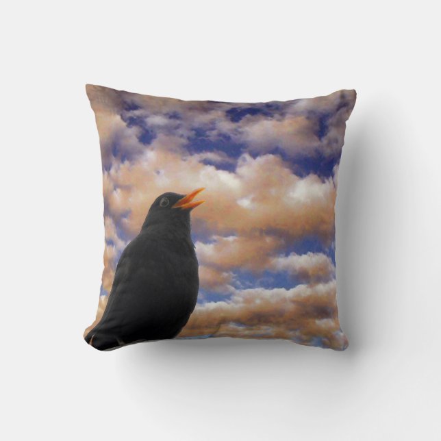 Singing Blackbird &Fluffy Clouds by Alexandra Cook Throw Pillow (Front)