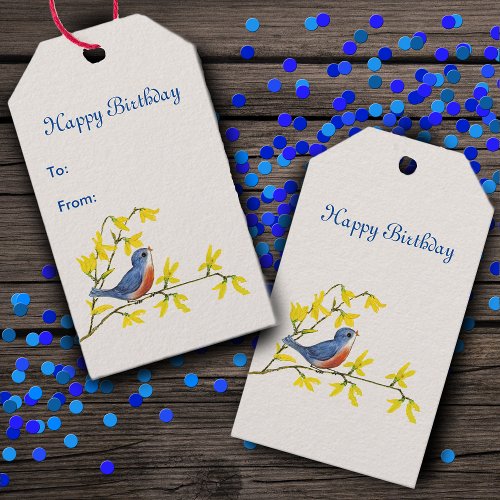 Singing blue and red bird on branch Yellow Flowers Gift Tags