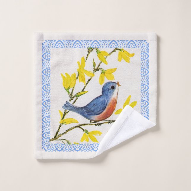 Singing Blue Red Bird Yellow Flowers Blue Border Wash Cloth (Wash Cloth)