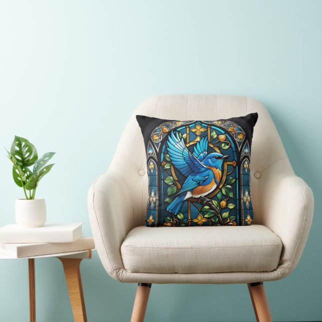 Singing Bluebird: Stained Glass Serenade Throw Pillow (Chair)