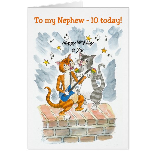 Singing Cats 10th Fun Birthday Card for a Nephew (Front)