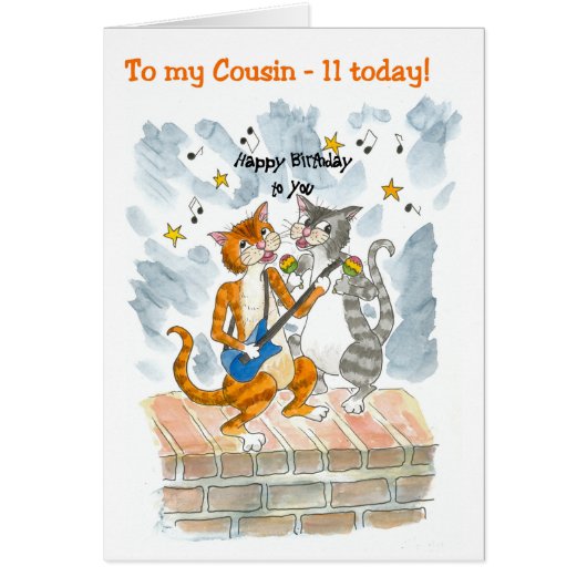 Singing Cats 11th Fun Birthday Card for a Cousin (Front)