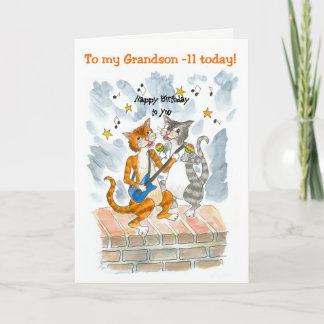 Singing Cats 11th Fun Birthday Card for a Grandson