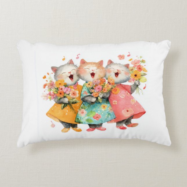 Singing Cats Holding Bouquets Accent Pillow (Front)