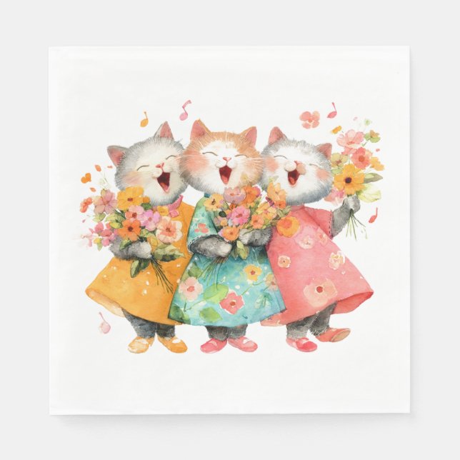 Singing Cats Holding Bouquets Napkins (Front)