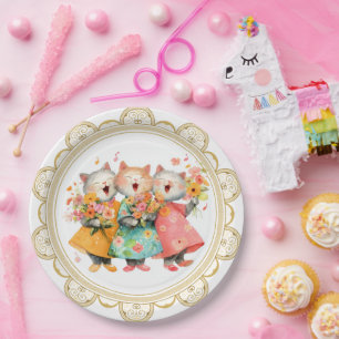 Singing Cats Holding Bouquets Paper Plates