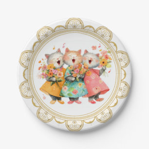 Singing Cats Holding Bouquets Paper Plates