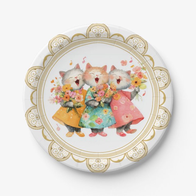 Singing Cats Holding Bouquets Paper Plates (Front)