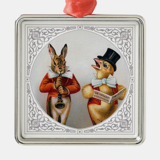 Singing Chicken and Horn-Blowing Bunny Metal Ornament (Front)