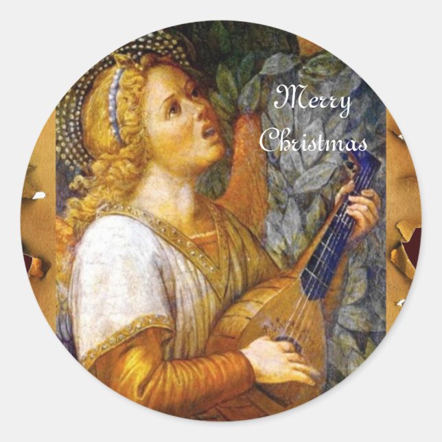 SINGING CHRISTMAS ANGEL MAKING MUSIC OLD PARCHMENT CLASSIC ROUND STICKER (Front)