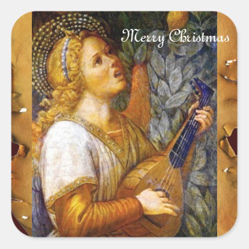 SINGING CHRISTMAS ANGEL MAKING MUSIC OLD PARCHMENT SQUARE STICKER