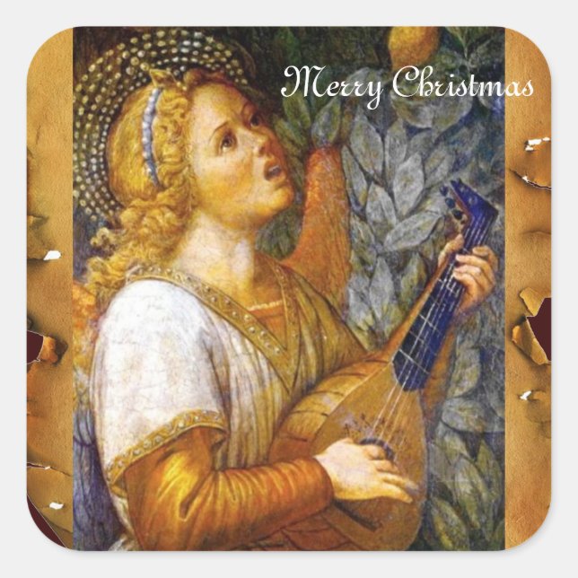 SINGING CHRISTMAS ANGEL MAKING MUSIC OLD PARCHMENT SQUARE STICKER (Front)