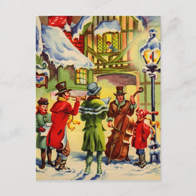 Singing Christmas Carols on a Snowy Evening Holiday Postcard (Front)