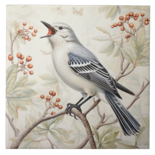 Singing Gray Bird on Berry Branches Ceramic Tile